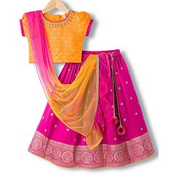 Babyhug Brocade Woven Half Puffed Sleeves Choli Lehenga Set with Dupatta & Motif Embroidery - Dark Pink & Yellow