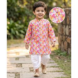 Babyhug Cotton Woven Full Sleeves Cambric Floral Printed Kurta Dhoti Set- Multicolour