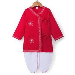 Babyhug Cambric Woven Full Sleeves Embroidered Angarakha Kurta Dhoti Set - Red