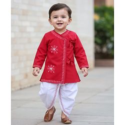 Babyhug Cambric Woven Full Sleeves Embroidered Angarakha Kurta Dhoti Set - Red