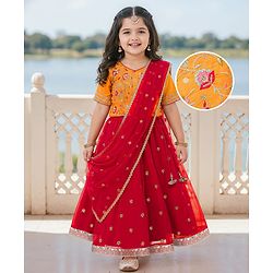 Babyhug Woven Half Sleeves Net Floral Embroidered Choli Lehenga & Dupatta Set with Floral Embroidery & Lace Detailing - Red & Mustard