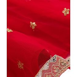 Babyhug Woven Half Sleeves Net Floral Embroidered Choli Lehenga & Dupatta Set with Floral Embroidery & Lace Detailing - Red & Mustard
