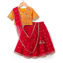 Babyhug Woven Half Sleeves Net Floral Embroidered Choli Lehenga & Dupatta Set with Floral Embroidery & Lace Detailing - Red & Mustard