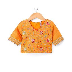 Babyhug Woven Half Sleeves Net Floral Embroidered Choli Lehenga & Dupatta Set with Floral Embroidery & Lace Detailing - Red & Mustard