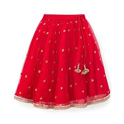 Babyhug Woven Half Sleeves Net Floral Embroidered Choli Lehenga & Dupatta Set with Floral Embroidery & Lace Detailing - Red & Mustard