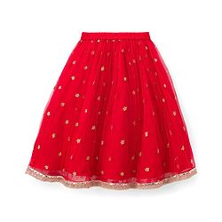 Babyhug Woven Half Sleeves Net Floral Embroidered Choli Lehenga & Dupatta Set with Floral Embroidery & Lace Detailing - Red & Mustard