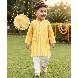 Babyhug Cambric Woven Full Sleeves Kurta Pajama Set With Floral Hakoba Embriodery - Yellow