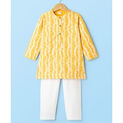 Babyhug Cambric Woven Full Sleeves Kurta Pajama Set With Floral Hakoba Embriodery - Yellow