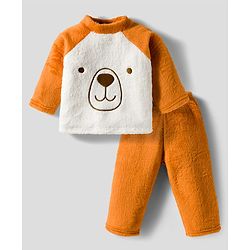 Babyhug Velour Knit Full Raglan Sleeves Winter Wear Night Suit With Face Embroidery - Brown &  White
