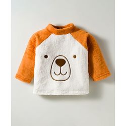 Babyhug Velour Knit Full Raglan Sleeves Winter Wear Night Suit With Face Embroidery - Brown &  White