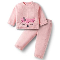 Babyhug Velour Knit Full Sleeves Winter Wear Night Suit With Animal Embriodery - Pink