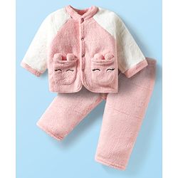 Babyhug Velour Knit Full Raglan Sleeves Winterwear Night Suit With Ear Applique & Pockets - Pink & White