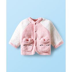 Babyhug Velour Knit Full Raglan Sleeves Winterwear Night Suit With Ear Applique & Pockets - Pink & White