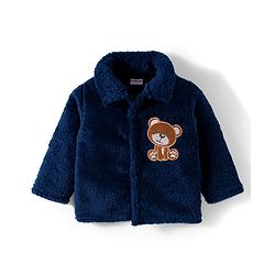 Babyhug Velour Knit Front Open Full Sleeves Night Suit with Animal Applique - Navy Blue