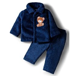 Babyhug Velour Knit Front Open Full Sleeves Night Suit with Animal Applique - Navy Blue