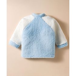 Babyhug Velour Knit Front Open Full Sleeves Night Suit with Animal Applique - White & Light Blue
