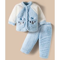 Babyhug Velour Knit Front Open Full Sleeves Night Suit with Animal Applique - White & Light Blue