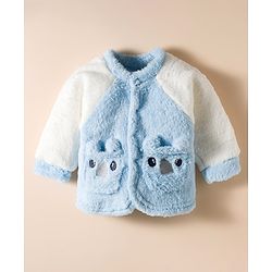 Babyhug Velour Knit Front Open Full Sleeves Night Suit with Animal Applique - White & Light Blue