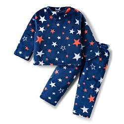 Babyhug Velour Knit Full Sleeves Co-ords Winter Wear Night Suit With Star Print - Navy Blue
