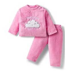 Babyhug Velour Knit Full Sleeves Winter Wear Night Suit With Text Embriodery - Pink