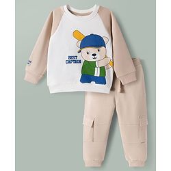 Babyhug 100% Cotton Knit Raglan Full Sleeves Bear Printed T-Shirt & Trouser Set - Beige