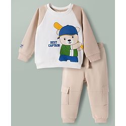 Babyhug 100% Cotton Knit Raglan Full Sleeves Bear Printed T-Shirt & Trouser Set - Beige