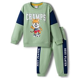 Babyhug Terry Knit Full Sleeves Cut & Sew Text & Animal Print Sweatshirt & Joggers Set - Green
