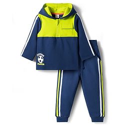 Babyhug Terry Knit Full Sleeves Hooded Cut & Sew T-Shirt & Lounge Pant Set with Sport Print & Tape Detailing - Navy Blue