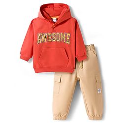 Babyhug Terry Knit Full Sleeves Awesome Text Printed Hooded Sweatshirt & Trouser Set - Rust Orange