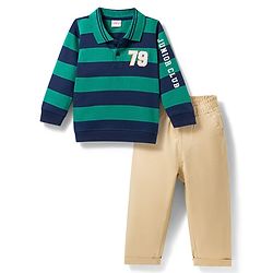 Babyhug Terry Knit Full Sleeves Striped Polo T-Shirt & Trouser Set - Multicolor