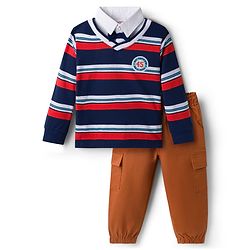 Babyhug Terry Knit Full Sleeves Striped T-Shirt & Trouser Set with Patch - Navy Blue & Beige