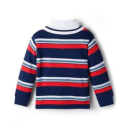 Babyhug Terry Knit Full Sleeves Striped T-Shirt & Trouser Set with Patch - Navy Blue & Beige