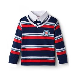 Babyhug Terry Knit Full Sleeves Striped T-Shirt & Trouser Set with Patch - Navy Blue & Beige
