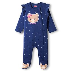 Babyhug Cotton Knit Full Sleeves  Footed Sleepsuit With Bear Patch - Navy Blue