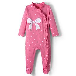 Babyhug Cotton Knit Full Sleeves Footed Sleepsuit With Bow Embriodery & Polka Dot Print - Pink