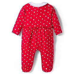 Babyhug Cotton Knit Full Sleeves Footed Sleep Suit with Heart Print & Bow Applique - Red