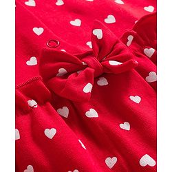 Babyhug Cotton Knit Full Sleeves Footed Sleep Suit with Heart Print & Bow Applique - Red
