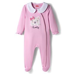 Babyhug Cotton Knit Full Sleeve Footed Sleepsuit with Teddy Patch - Pink