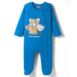 Babyhug Cotton Knit Full Sleeves Footed Sleepsuit With Teddy Bear Print - Blue