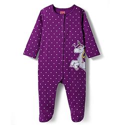Babyhug Cotton Knit Full Sleeves Footed Sleepsuit With Polka Dots & Unicorn Print - Lavender
