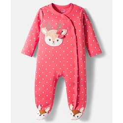 Babyhug Cotton Knit Full Sleeves Sleepsuit With Polka Dot Print & Bear Patch - Red