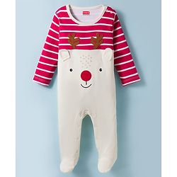 Babyhug Cotton Knit Full Sleeves Footed Sleepsuit Reindeer Embroidery - Red & White