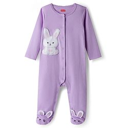 Babyhug Cotton Knit Full Sleeves Footed Sleepsuit With Animal Embroidery & Ear Applique - Lavender