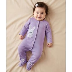 Babyhug Cotton Knit Full Sleeves Footed Sleepsuit With Animal Embroidery & Ear Applique - Lavender
