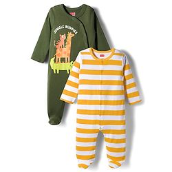 Babyhug Cotton Knit Full Sleeves Footed Sleepsuits With Stripes & Animal Print Pack Of 2 - Yellow & Green