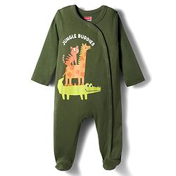 Babyhug Cotton Knit Full Sleeves Footed Sleepsuits With Stripes & Animal Print Pack Of 2 - Yellow & Green