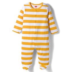 Babyhug Cotton Knit Full Sleeves Footed Sleepsuits With Stripes & Animal Print Pack Of 2 - Yellow & Green