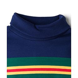 Babyhug Cotton Elastane Knit Full Sleeves Turtle Neck Winter T-Shirt with Stripes - Navy Blue