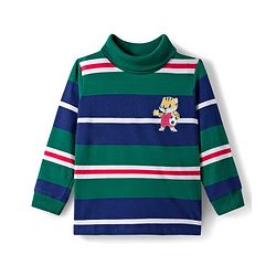 Babyhug Cotton Elastane Knit Full Sleeves Striped Turtle Neck Winter T-Shirt With Tiger Print - Green & Blue