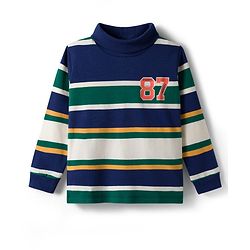 Babyhug Cotton Elastane Knit Full Sleeves Striped Turtle Neck Winter T-Shirt With Number Print - Navy Blue Green & White